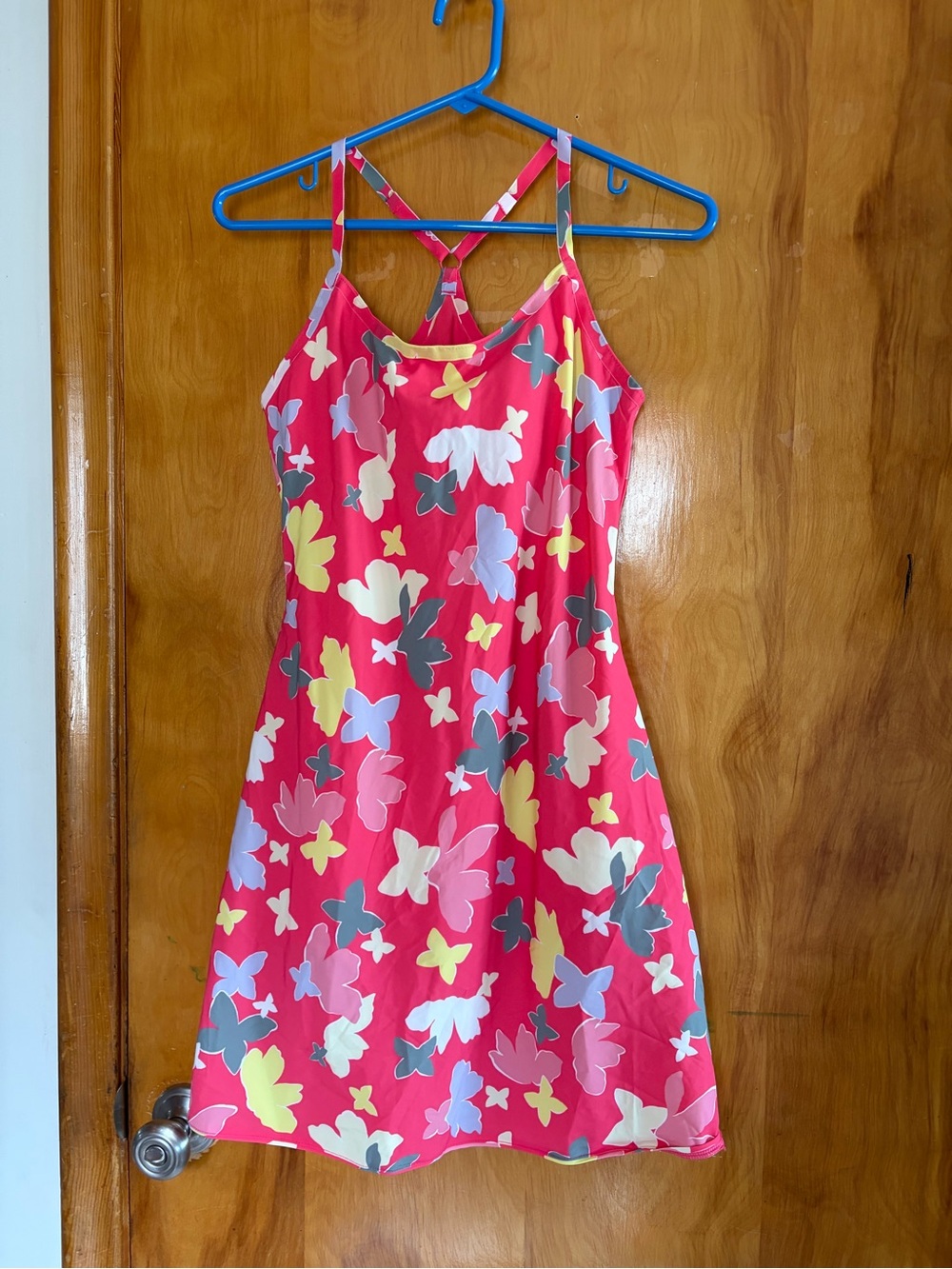 Ladies Bright Pink Floral-Print Casual Dress with Cross Back